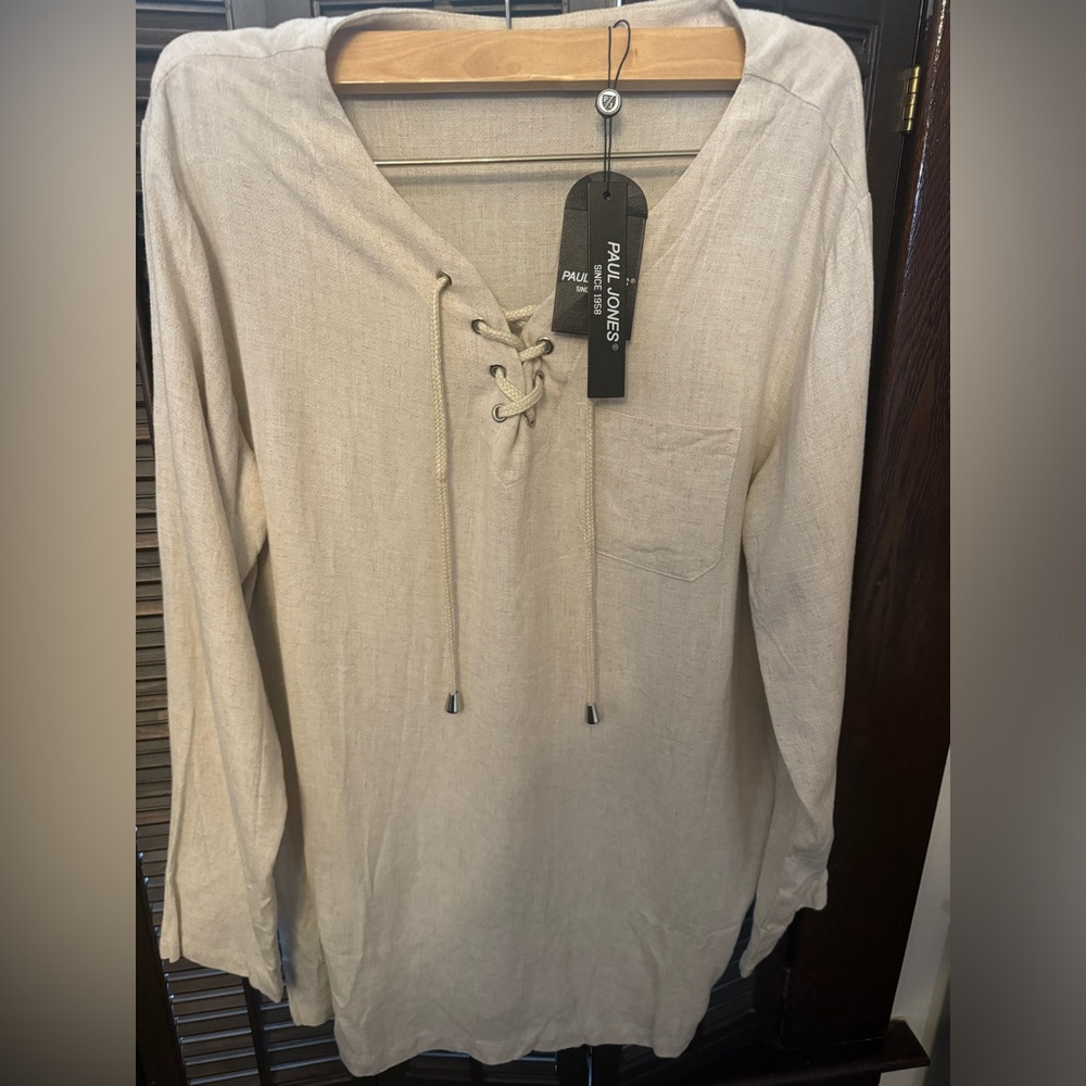 Paul Jones Long Sleeve Top Women M Rayon Linen Lace-Up Neck NWOT, Ivory